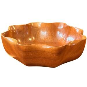 Vintage MCM Monkey Pod Wood Bowl - Hand Carved Scalloped Edge Serving Bowl